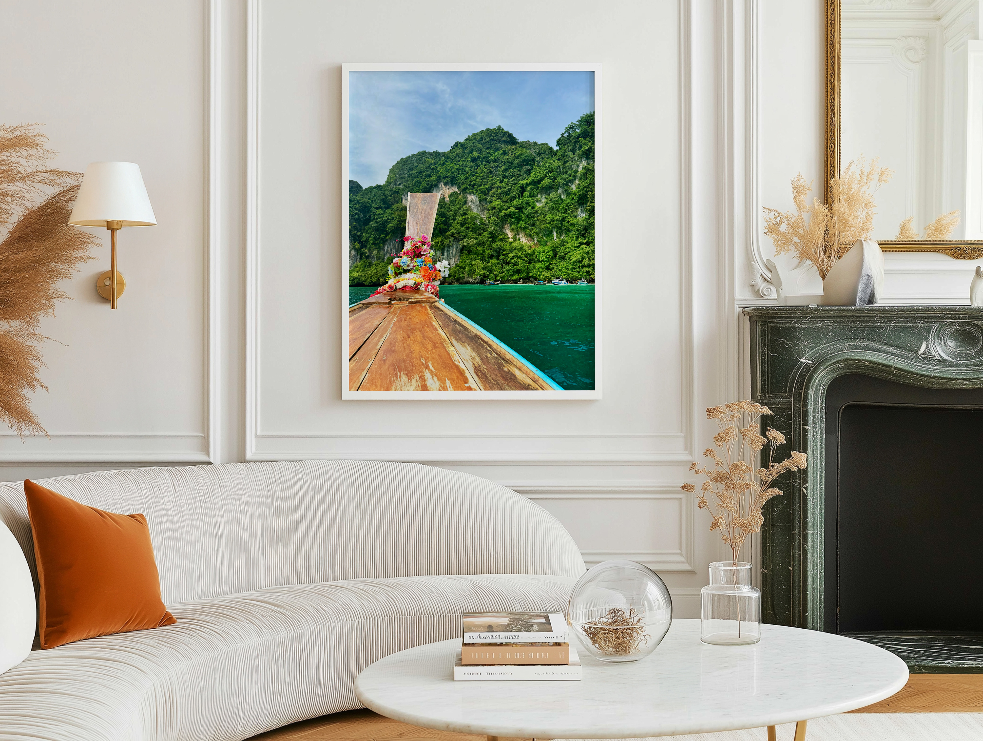 A curated living space featuring framed photography